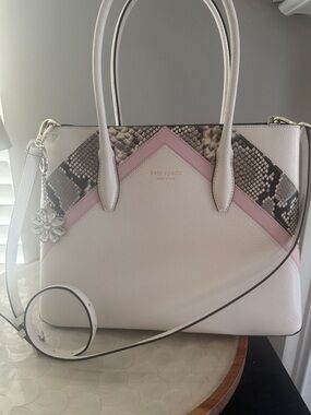 Kate Spade White & Pink Leather Satchel with Snake-Print Accent - Eva Chevron